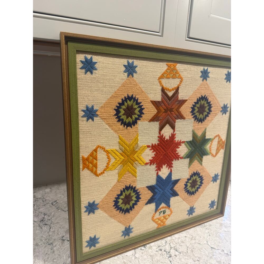 Vintage 1975 Framed Cross Stitch Hand Embroidery Colorful Textile Art 18.5x18.5" - Picture 5 of 9
